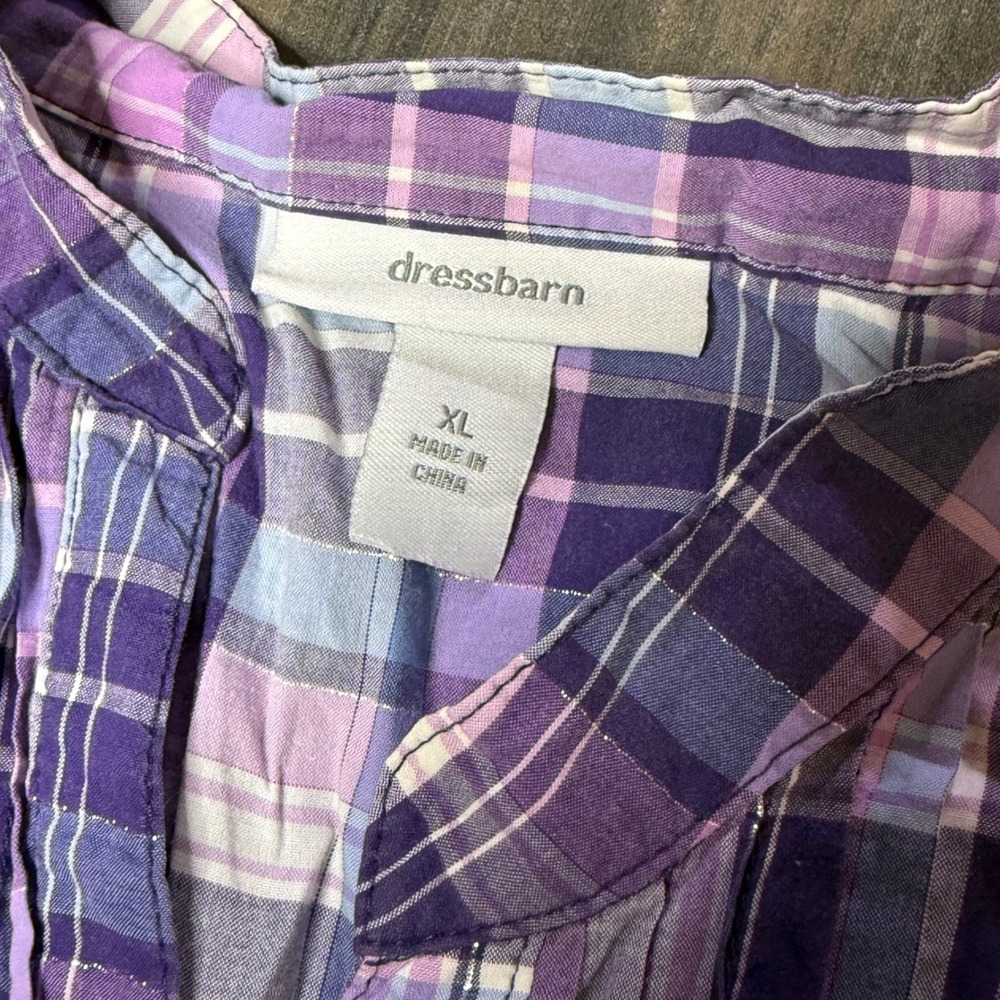 Dressbarn XL Purple Plaid Button Down Long Sleeve‎ Pintuck Blouse Top - Picture 3 of 3